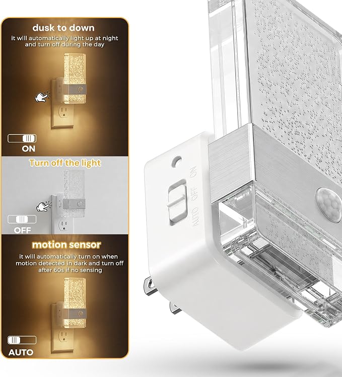 L LOHAS LED Motion Sensor Night Light, Night Light Plug Into Wall 2 Pack | Silver Nightlight, Motion Activated and Dusk to Dawn Sensor, 0-100LM Dimmable, Warm White Nightlights for Bathroom, Hallway