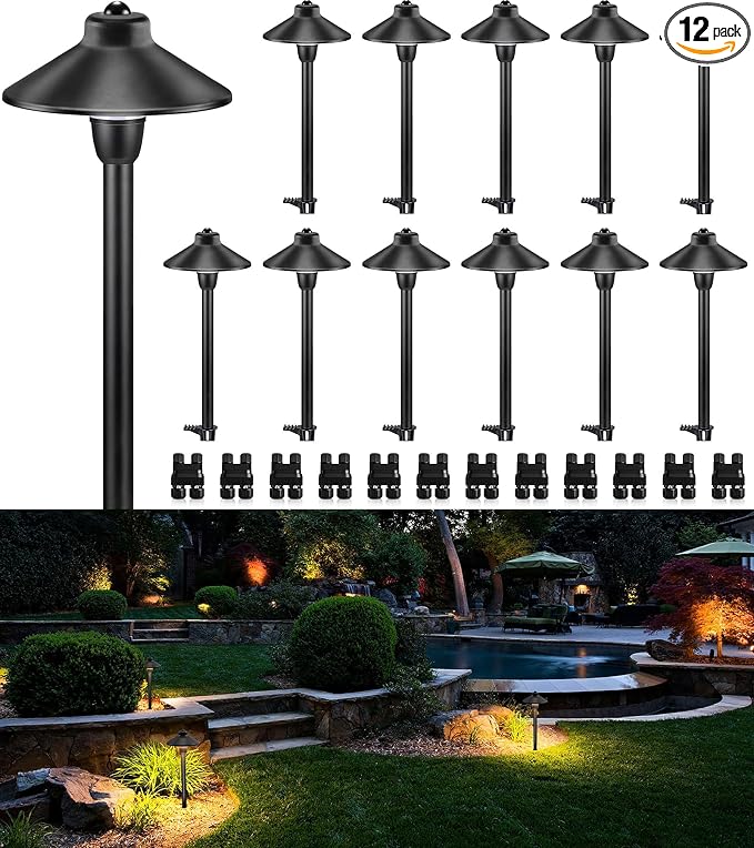SUNVIE 12-Pack 6" Low Voltage Pathway Lights 3W 3000K Black, with Connector | Cast-Aluminum, Warm White, 12-24V AC/DC, ETL Listed Wire, IP65 Waterproof, Outdoor Landscape Path Lights for Driveway Garden