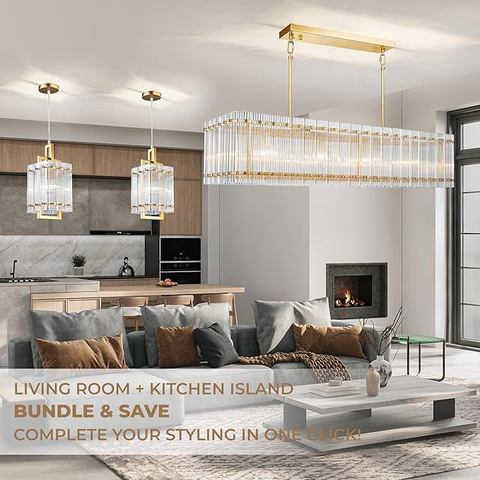 IKK Modern Rectangle Gold Chandeliers for Dining Room, 40" Ribbed Glass Island Light Fixture, Linear Farmhouse Lighting with Adjustable Height for Kitchen Island, Living Room