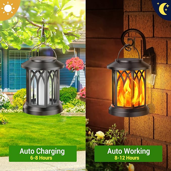 KOOPER Hanging Solar Lights Lantern Outdoor, Flickering Flames Solar Outdoor Lights, Solar Lanterns Outdoor Waterproof with Bigger Panel, Lanterns Decorative Outdoor for Yard Garden Decor, 2 Pack