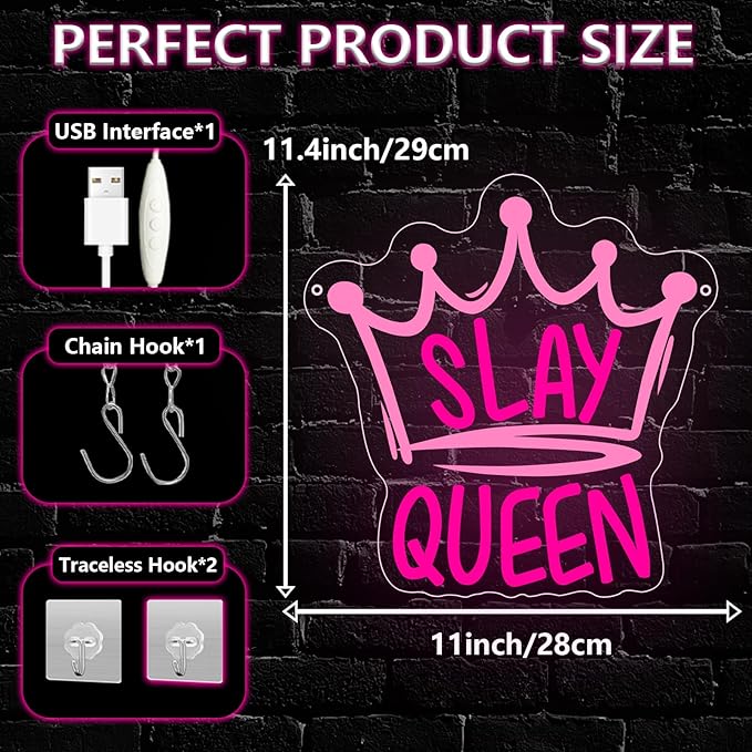Slay Queen Neon Sign,Pink LED Neon Light Up Signs for Wall Decor,Crown LED Light for Bedroom Preppy Girl Aesthetic Room Dorm Y2k Party Game Room,Gift For Women Girls Teen USB Powered（11.4"*11"）