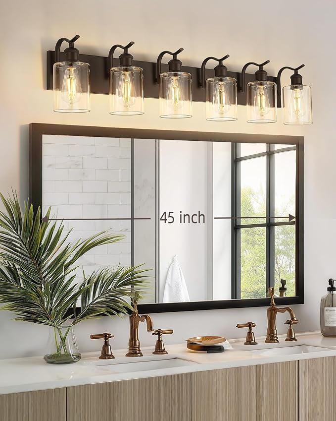 6-Light 41 Inch Bathroom Vanity Light,Clear Glass,Oil Rubbed Bronze | Over Mirror Wall Light,E26 sockets,for bathroom mirror,powder room,dressing area
