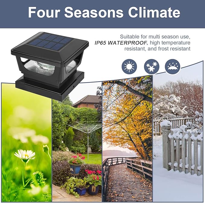Sumaote Solar Post Cap Lights, 120 Lumen 3000K Warm White LED for 3x3 Metal/Vinyl & 4x4 Wood Posts, IP65 Waterproof Outdoor Garden Fence Deck Lighting, Dusk-to-Dawn Auto On/Off (4 Pack)