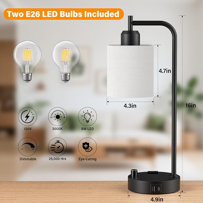 Industrial Table Lamps with Linen Shade, Set of 2 Fully Dimmable Bedside Lamps with USB A+C Ports and Outlet, Black Nightstand Desk Lamps for Bedrooms Living Room Office, 2 LED Bulbs Included