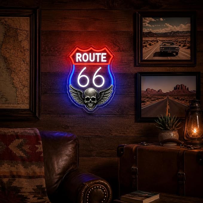 Route 66 Neon Sign Vintage LED Wall Decor Skull Wings Garage Man Cave Light