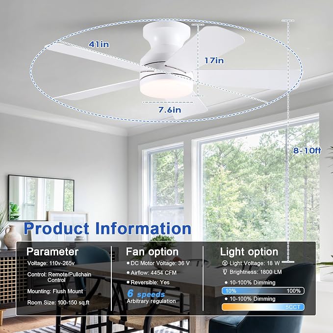 41 inch Ceiling Fans with Lights, White Flush Mount Ceiling Fan with Remote, 3CCT, LED Dimmable, Reversible, 6 Fan Speeds, Quite Low Profile Ceiling Fan with Lights Modern Bedroom Kitchen Indoor