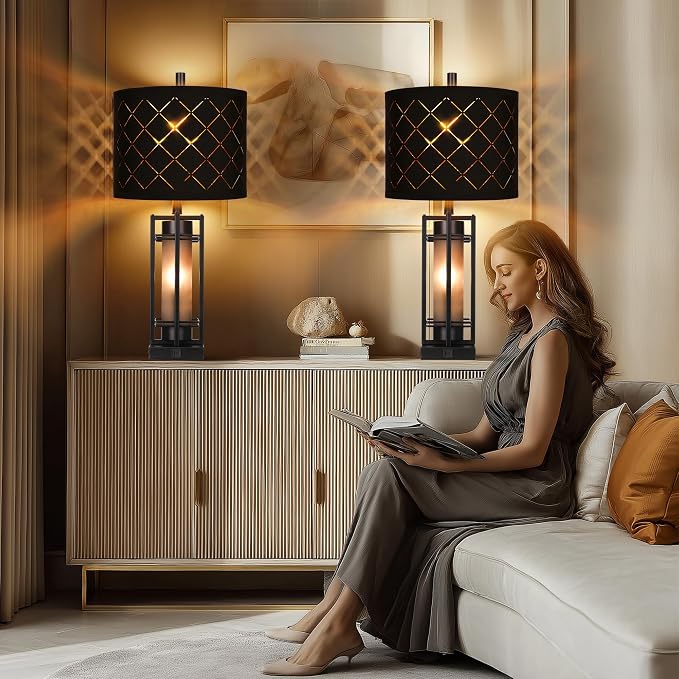 WIHTU 27'' Modern Table Lamp Set of 2 with Nightlight, Metal Bedside Lamps | Black Grid Shade, Square Base, 2 LED Bulbs Included, E26 Base, with USB Port, Rocker Switch, Nightstand Lamps for Bedroom