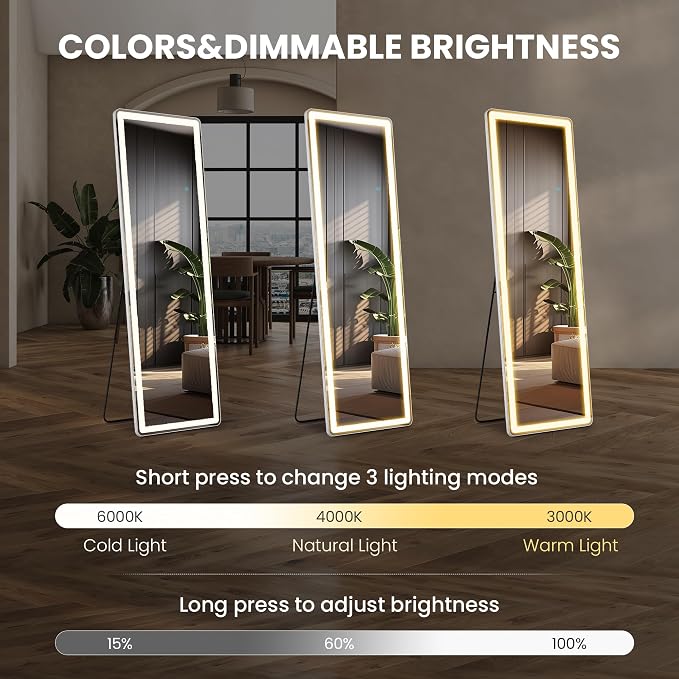 61x16 Inch Lighted Full Body Mirror, Free Standing Floor Mirror Full Length | Wall Mounted Mirror with 3 Color Lights, Adjustable Brightness for Outfit Checks, Dressing Room, Bedroom Decor and Cloakroom