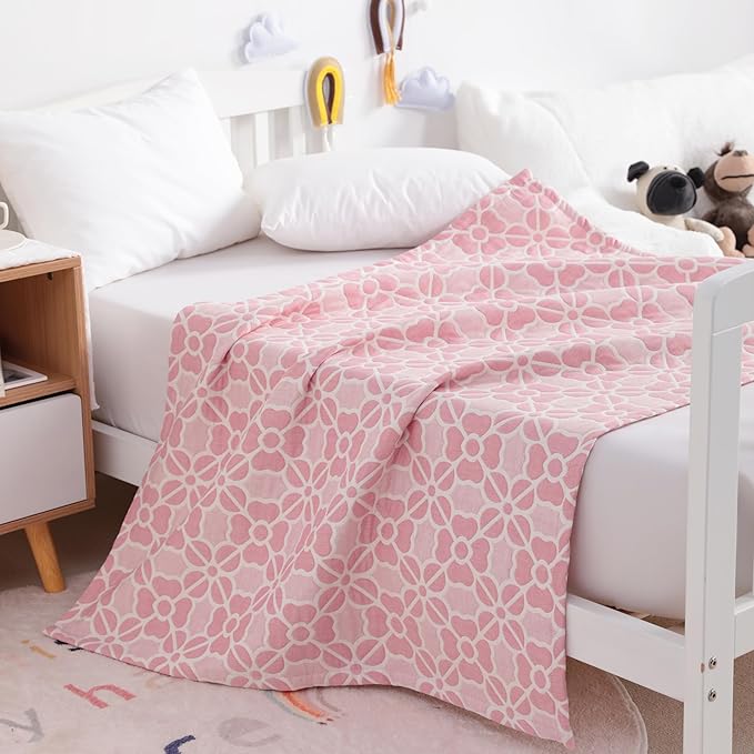 NTBAY 3 Layer Muslin Toddler Blanket, 30 x 40, Pink Clover | Breathable Muslin Cotton Outer Layers with Light Thermal Fill, Reversible for Stroller, Daycare, Travel, and Supervised Use