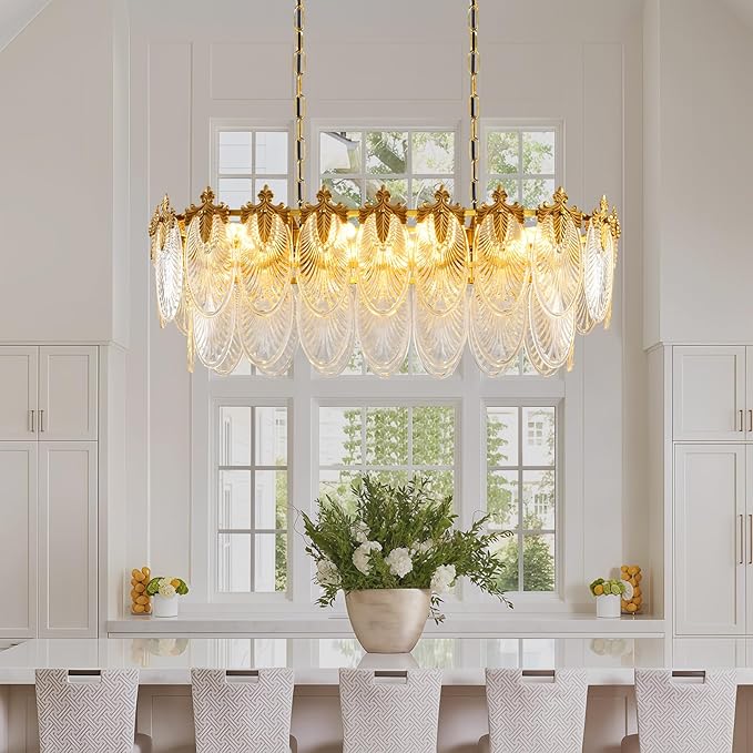 Rectangular Crystal Glass Dining Room Chandelier, 8 Light Gold Chandeliers Lighting Fixture, L33.5'' Height Adjustable Oval Ceiling Pendant Light for Office Coffee Over Table Kitchen Island