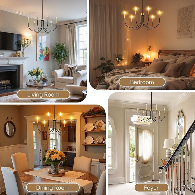 Dining Room Chandelier, ropelux 6-Light Black & Gold Farmhouse Light Fixtures Over Table, Hanging Height Adjustable Kitchen Island Lighting with E12 Base (Bulb not Included) for Foyer Bedroom Entryway