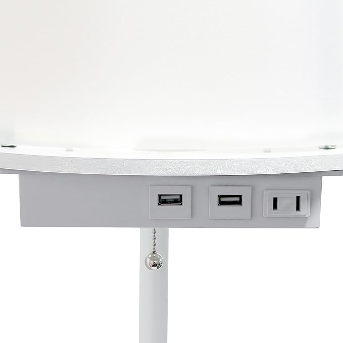 Simple Designs 62.5" LF2010-WHT Round Modern Shelf Etagere Organizer Storage Floor Lamp with 2 USB Charging Ports, 1 Charging Outlet and Linen Shade for Living Room Bedroom Office, White