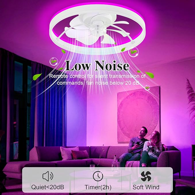 Smart Ceiling Fans with RGB Lights Remote - 20'' Flush Mount Low Profile Modern Ceiling Fans for Bedroom - Stepless Color Temperature and 6 Speeds