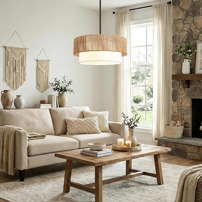9"-52" Height Adjustable Farmhouse Chandelier Light Fixture, 5-Light Rattan Boho Chandeliers for Dining Room, Hand Woven Pendant Light with Linen Shade, Rustic Hanging Lighting for Kitchen Island