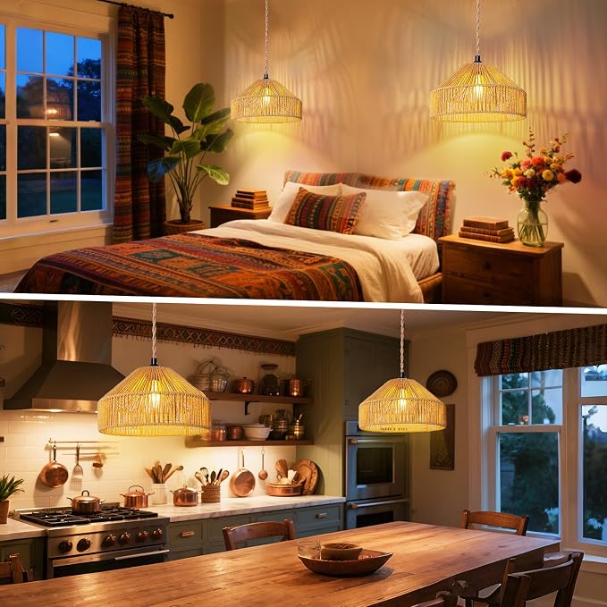 Maliralt Hanging Lamps Rattan Pendant Light Hanging Lights 16.4ft Plug in Cord Pendant Light Fixture Plug Into Wall Outlet Pendant Lighting with On Off Switch for Bedroom Living (Mongolian Yurt)
