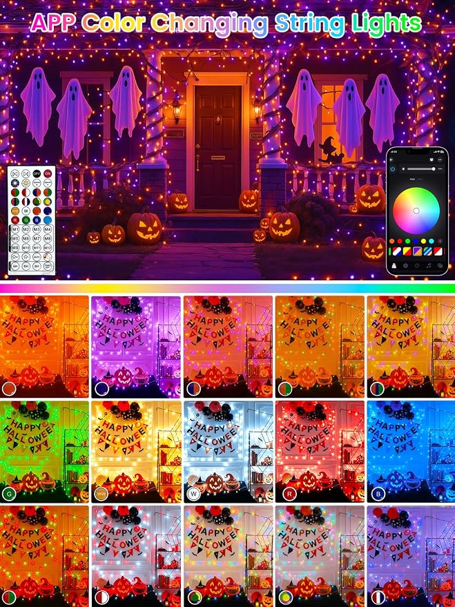 600 LED Smart Color Changing Fall String Lights APP & Remote for Halloween | 197 FT Halloween Twinkle Lights IP44 Waterproof, Timer, Music Sync, Multiple Colors & Modes Outdoor Christmas Fall Decoration