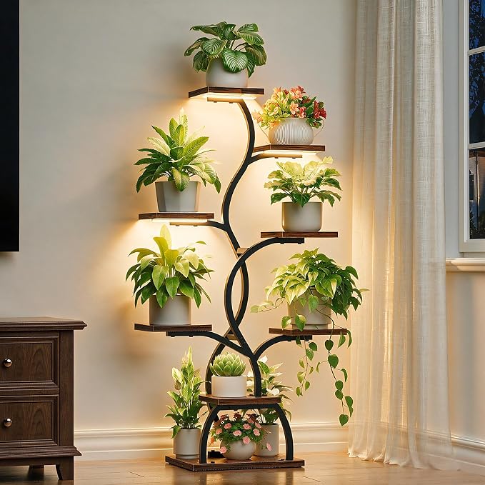 Plant Stand Indoor with Grow Light - 8 Tiered Corner Plant Shelf Indoor | 49" Plant Holder with Lights for Indoor Growing, Tall Lighted Flower Stand for Living Room, Balcony, Brown