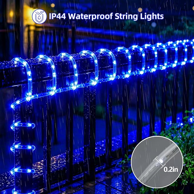 YEGUO Solar Rope Lights Outdoor Waterproof, 2 Packs Each 33ft 100 LED String Lights, 8 Modes Fairy Lights in Clear Thin Tube for Camping Fence Patio Garden Trampoline Deck(Blue)
