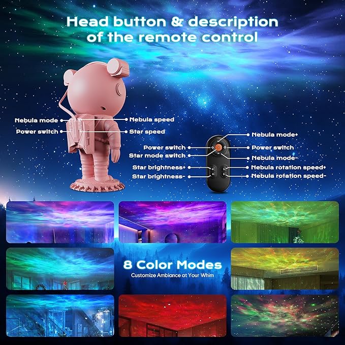 Astronaut Galaxy Starry Sky Projector, Night Light with Remote Control & Timer, Gift (Pink)