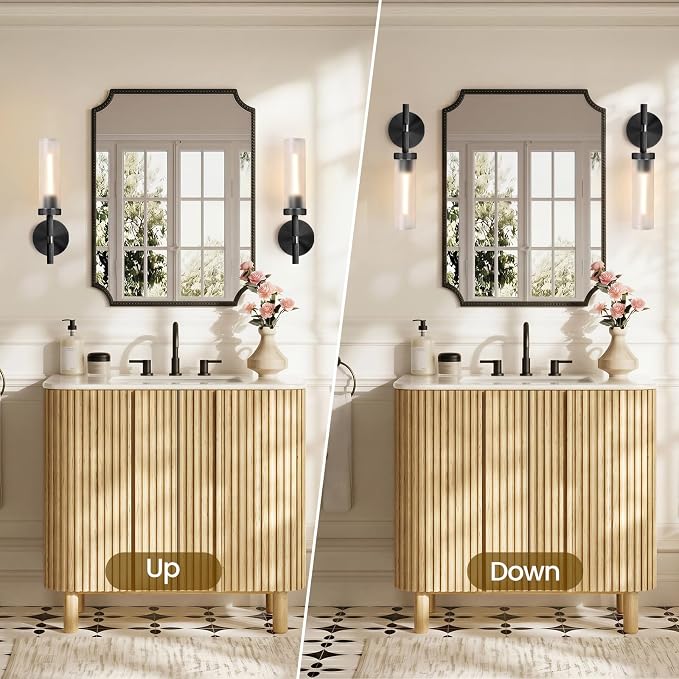 Bblack Knurled Wall Sconce 15", Bathroom Wall Sconce Set of Two,Glass Tube Brass Sconces Wall Lighting,Bathroom Sconces Side of Mirror,Vanity Sconce Lights for Bath