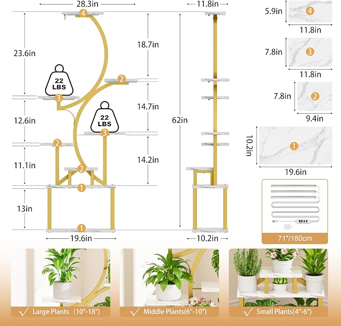 BACEKOLL Plant Stand Indoor with Grow Light, 8 Tier Corner Plant Shelf Tall | 62" Lighted Flower Holder for Plant Multiple, Space-Saving Beautiful Display Growing Rack for Home, Sturdy Metal, Faux Marble