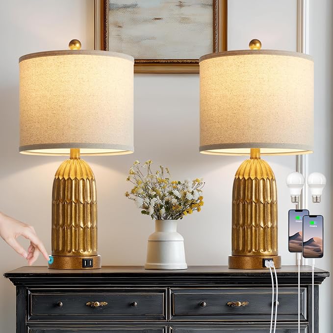 Table Lamps for Bedroom Set of 2, Farmhouse 3-Way Dimmable Touch Nightstand Lamp with 2 USB Charging Ports, Vintage Rustic Traditional Bedside Lamp for Living Room End Table