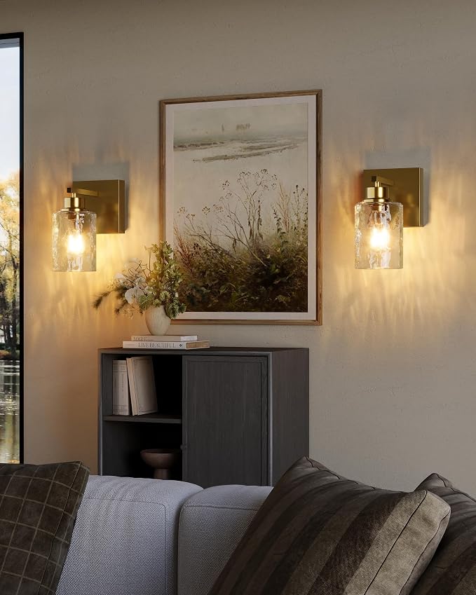 Hammered Glass Wireless Battery Operated Wall Sconces Set of Two Gold | Dimmable Rechargeable Wall Lights with Remote Timer, Easy Install Lamp for Living Room Bedroom, Emergency 3000K