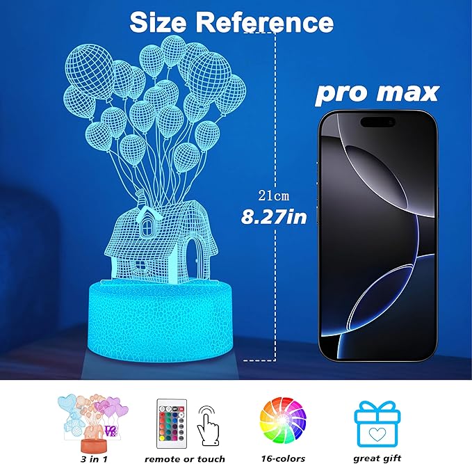 Balloon House 3D Night Light with Remote - 3 in 1 Up Theme Acrylic Panels (House, Bear, Love), 16 RGB Colors 4 Modes, USB/Battery(Not Included), Valentines Gift for Girl, Kids Room Decor ﻿