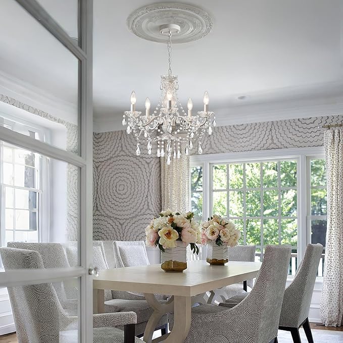 AMZASA Crystal White Chandelier, Ceramic White Hanging Pendant Light,Crystals Pendant and Glass Dish,5 Light Crystal Chandeliers for Ceiling Medallions,Wedding,Dining,Kitchen, Foyer,Mini