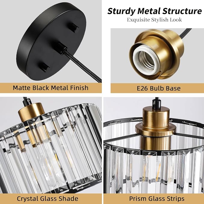 TALOYA Pendant Lights Kitchen Island Black and Gold, Crystal Pendant Light Modern for Dining Room, Height Adjustable Chandelier Hanging Island Light Fixtures for Kitchen Hallway(Bulb Not Included)