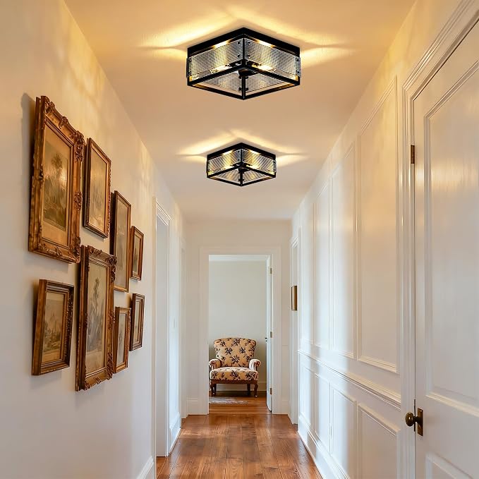 MAYNA 2-Light Square Industrial Flush Mount Ceiling Light, Black Metal Hallway Light Fixture with LED Bulb, Modern Ceiling Light for Bedroom Kitchen Entryway Dining Room