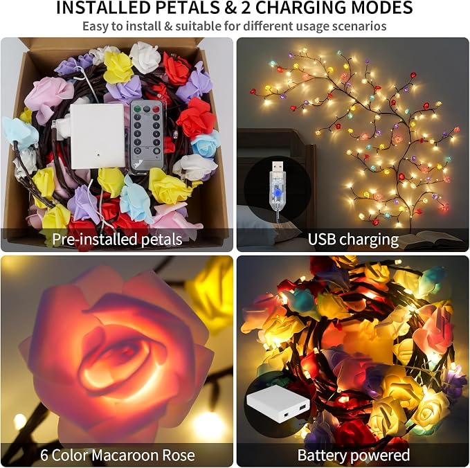 7.55FT 144LED Macaroon Rose Blossom Enchanted Willow Vine Light,Battery Box | 6 Color USB Blossom Tree Branch Lights for Wall, Remote Timer,8 Light Model,Bedroom Wall Doors Wedding, Christmas