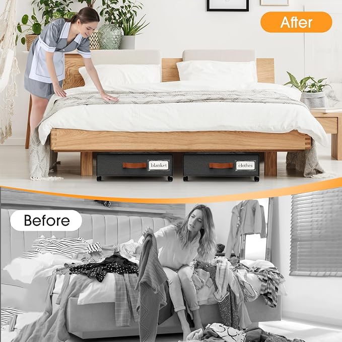 Under Bed Storage with Wheels 2Pack Storage Containers with Clear Window | Under Bed Drawers Rolling Under Bed Storage for Clothes,Shoes, Blankets (30.71 x 16.93 x 6.69 in, Dark Grey)