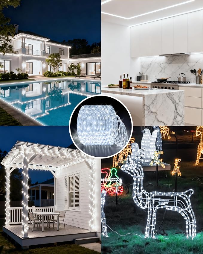 LED Rope Light, IP65 Tube Light for Christmas Patio Trees Decor, 80FT 6000K | Waterproof Clear Tube Light Plug in, 864 Daylight White LEDs 110V Flexible Cuttable Connectable for Outdoor Balcony Bedroom