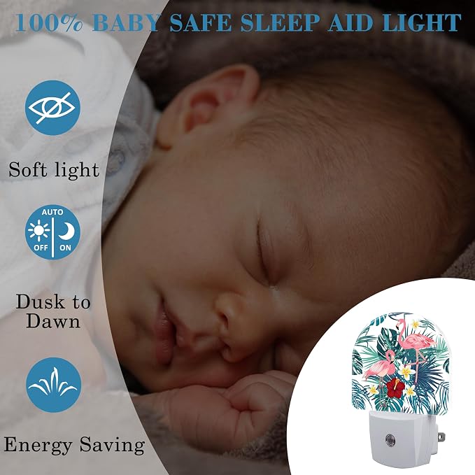 Night Light Plug into Wall with Flamingo and Palm Leaves, Dusk to Dawn Sensor for Room Decor, Hallway, Kitchen, Bathroom, Nursery, Stairs