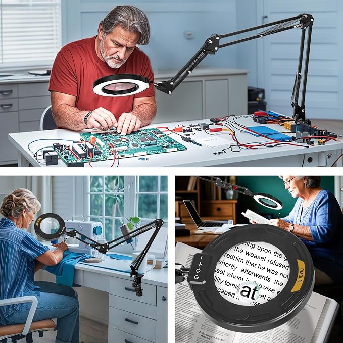 Ultra Long 3-Section Swing Arm 12X Magnifying Glass with Light-Black | 4-Way Large Metal Clamp, 5 Color Modes LED, 35.2Inch Lighted Magnifier Lamp for Workbench Crafting Hobby Soldering Sewing