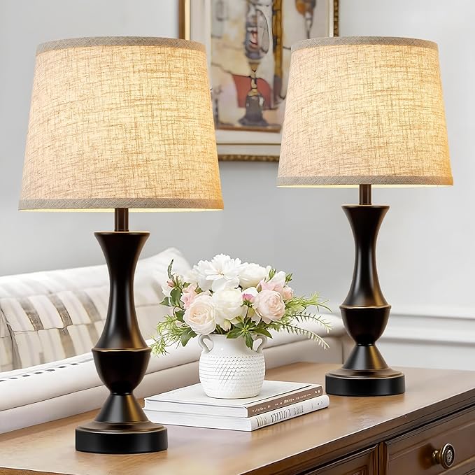 Luvkczc Table Lamp Set of 2, 19" Farmhouse Vintage Bedside Lamps for Living Room & Bedroom, Linen Shade Desk Lamps for Nightstand, Office, Study(Bulb not Included)