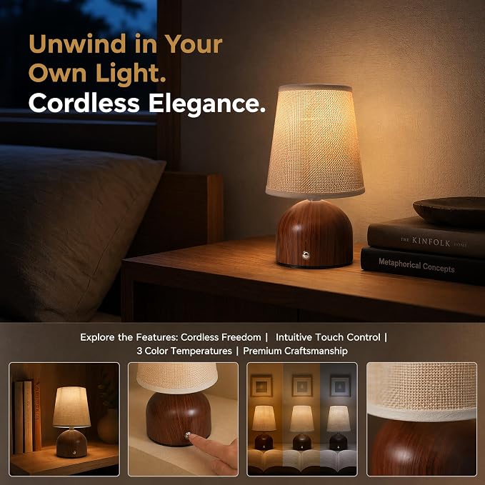 Small Cordless Table Lamp with Fabric Shade, 3 Color Temperature Stepless Dimming Rechargeable Battery Operated Nightstand Lamp, Wood Grain Bedside Lamp for Bedroom Living Room Home Decor
