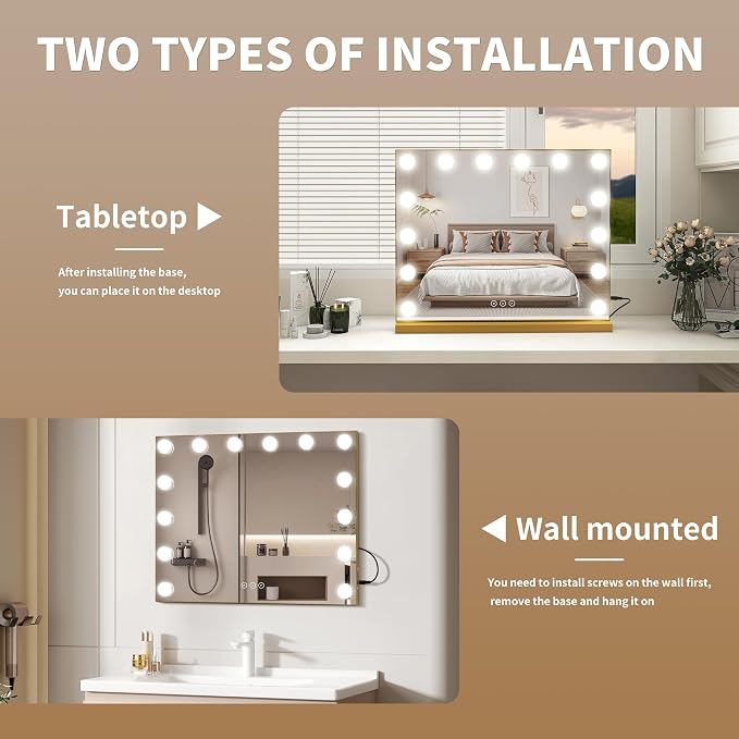 Vanity Mirror with Lights 19.7''x16.6'' Makeup Mirror with Lights Lighted Up Mirror with Dimmable LED Bulbs,3 Color Lighting Modes,USB Charging Port Touch Control,Sturdy Metal Frame Design,Gold