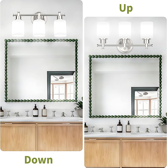 3-Light Bathroom Vanity Light Fixtures, Brushed Nickel Bathroom Wall Sconce, Modern Sliver Vanity Light with Milky White Glass Shade Over Mirror, Bathroom, Bedroom, E26 Base, 17 Inch