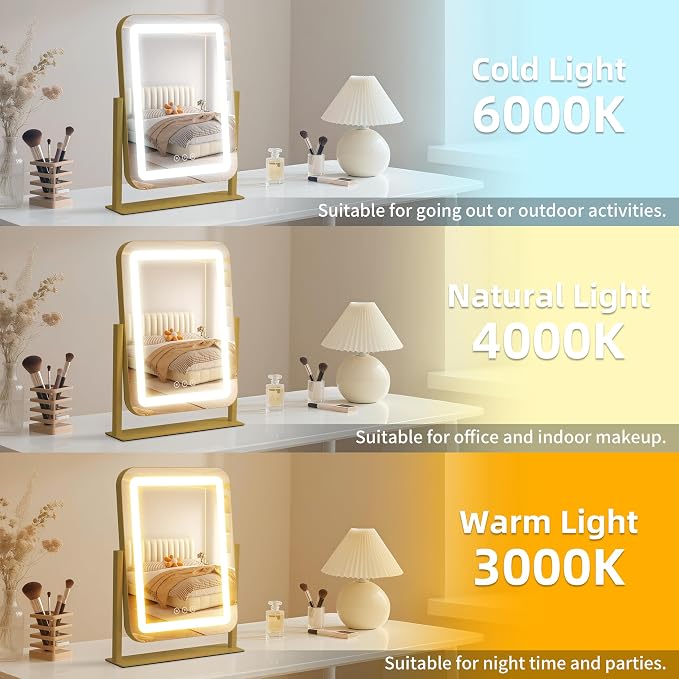 13.1"×16.7" Vanity Mirror with Lights, LED Makeup Mirror | Smart Touch, 3 Dimmable Colors, Memory Function, 10X Magnifying, for Desk, Bedroom, Dorm, Vanity