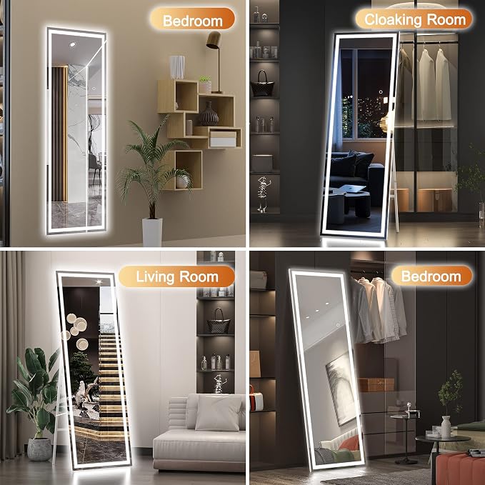 Hasipu Full Length Mirror with Lights, 56" x 15.8" LED Floor, Full Body Dressing Standing, Hanging Mounted Mirror, Square Black