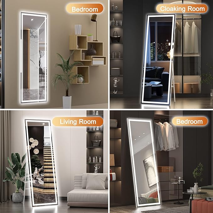 Hasipu Full Length Mirror with Lights, 56" x 15.8" LED Floor, Full Body Dressing Standing, Hanging Mounted Mirror, Square White