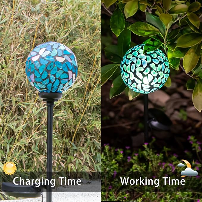 VCUTEKA Decorative Solar Garden Lights, 3.5" Mosaic Globe Outdoor Stake | Mosaic Glass Globe Design, Solar LED Light, Waterproof Design, Auto On/Off and Metal Stake Design for Lawn and Patio