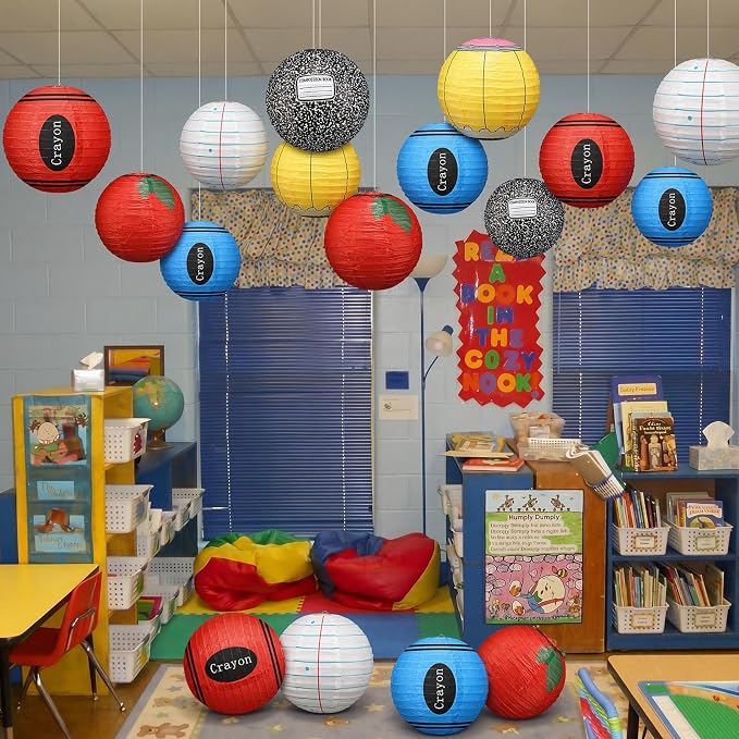 12 Pcs Back to School Classroom Paper Lanterns 10 Inch Classroom Hanging Decoration Composition Notebook Pencil Crayon Apple Lanterns Ceilings for First Day of School Party Supplies
