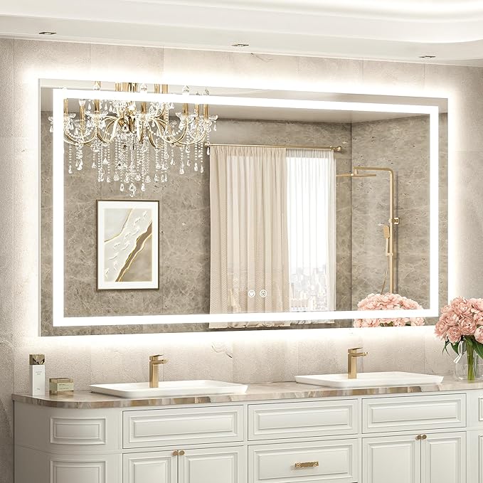 60 x 36 LED Lighted Bathroom Mirror with Lights Wall Mounted, Brighter Front and Backlit Light up Mirror, 3-Color Dimmable Lighted Anti Fog Mirror, Waterproof, Shatterproof Tempered Glass