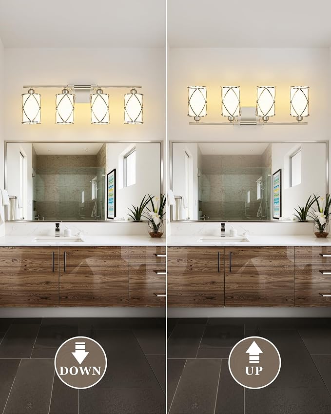 4-Light Brushed Nickel Bathroom Light Fixtures with Milk Frosted Glass, 29" Modern Bathroom Vanity Lighting Fixtures Over Mirror with Metal Cage, Wall Sconce Lights for Bath, E26, CH9176BNW-4W