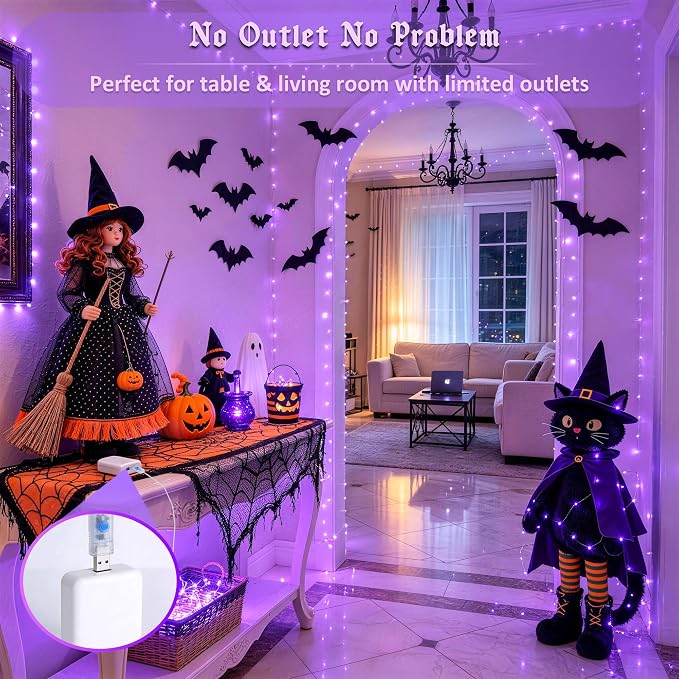 JMEXSUSS USB 100 LED Purple Fairy Lights Plug in | 33Ft, Purple Halloween Lights with Remote, 8 Modes Christmas Lights for Bedroom Tree Indoor Car Decorations