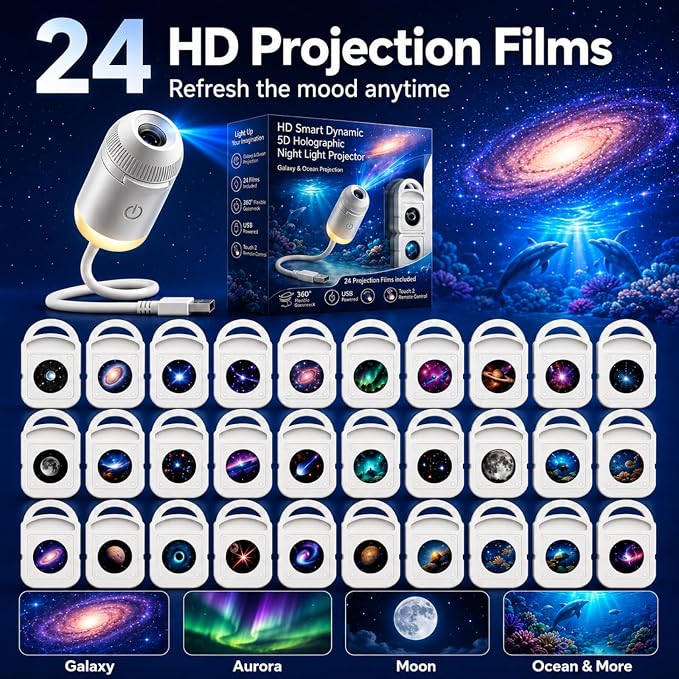 Hd Smart Dynamic 5d Holographic Night Light Projector, 2027 Upgraded Plug and Play Hd Star Projector, 360° Adjustable Hd Galaxy and Ocean Projector for Bedroom Ceiling (24 Projection Films)