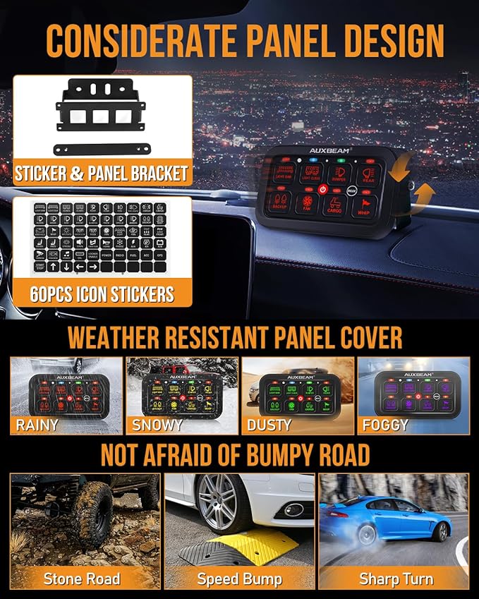 Auxbeam 8 Gang Switch Panel RA80 Toggle Momentary Pulsed RGB Dimmable Multifunction Switch Panel Easy Installation Marine Switch Pod IP65 Waterproof for Car Boat RV, 3 Years Warranty